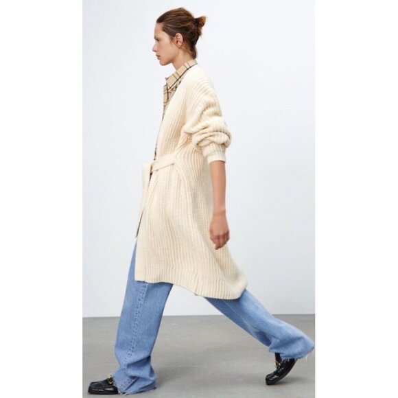 NEW Zara Wrap‎ Front Cream Ivory Cardigan Duster Sz Small Chunky Knit Trendy Lux - Picture 2 of 9
